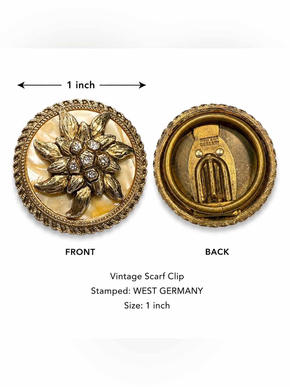 Vintage West Germany Gold toned Floral Scarf Clip - Gold and Cream